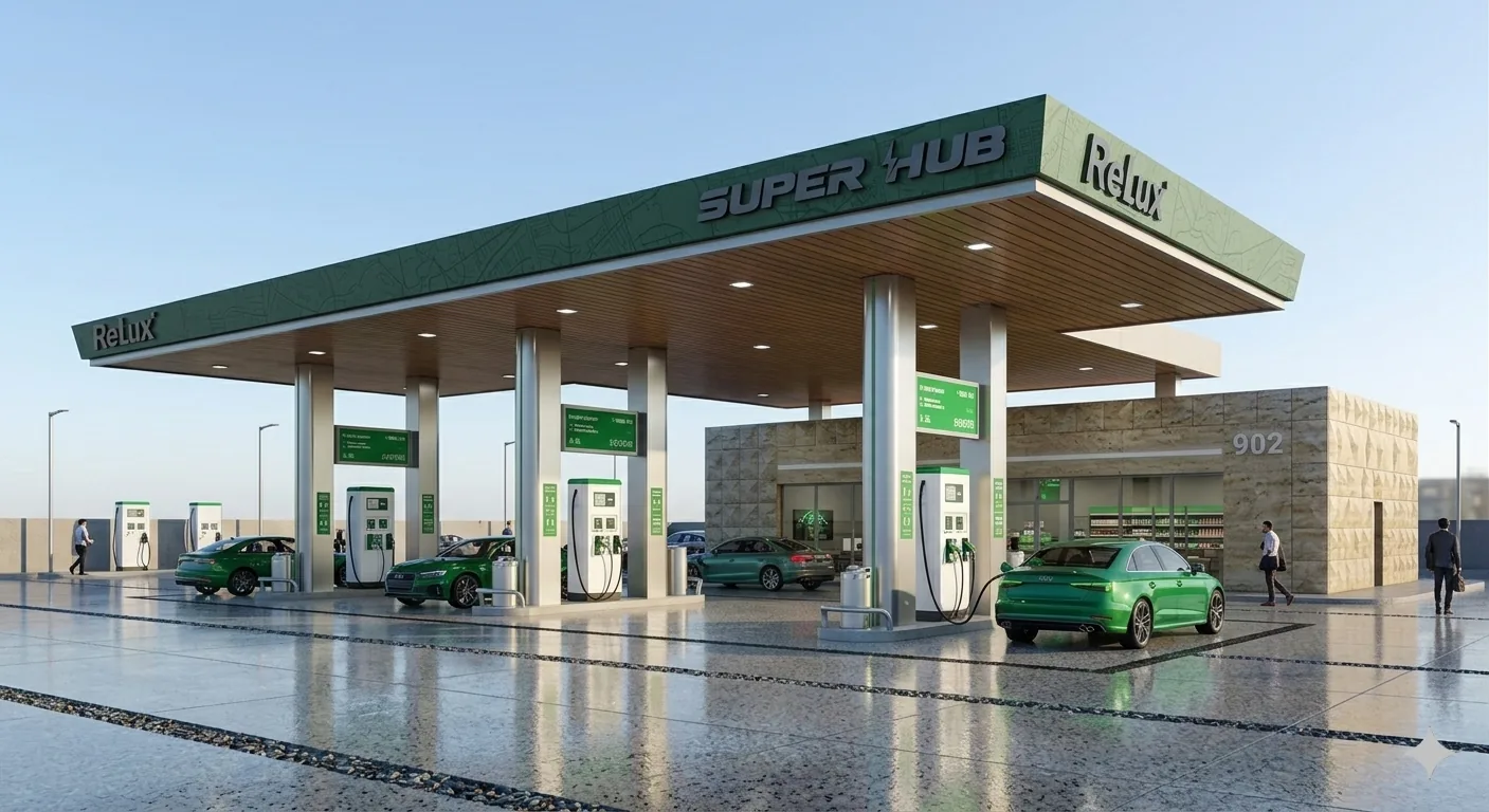 Relux Super Hub EV charging station with multiple DC fast chargers (concept design)